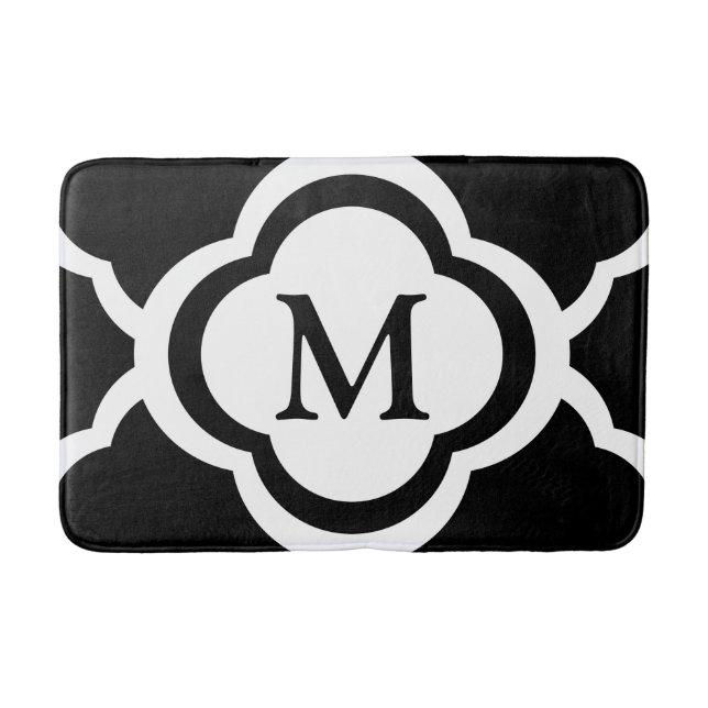 Svart & Vit Quatrefoil Anpassningsbar Monogram Badrumsmatta (Framsidan)