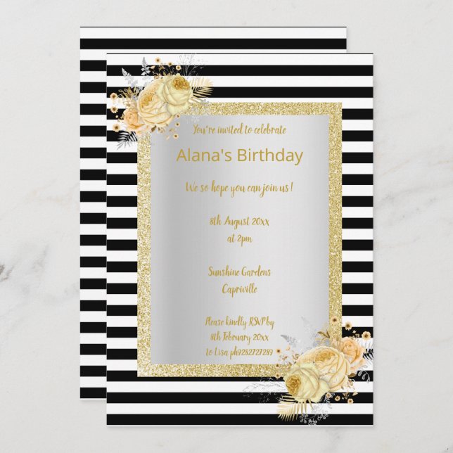 Svart, vit rand Guld bouquet-födelsedag Inbjudningar (Fram/baksida)
