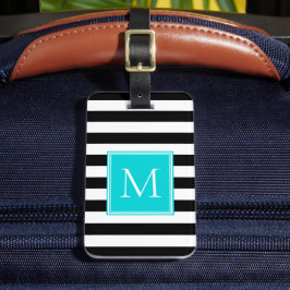 Svart & Vit Rand med Aqua Monogram Bagagebricka