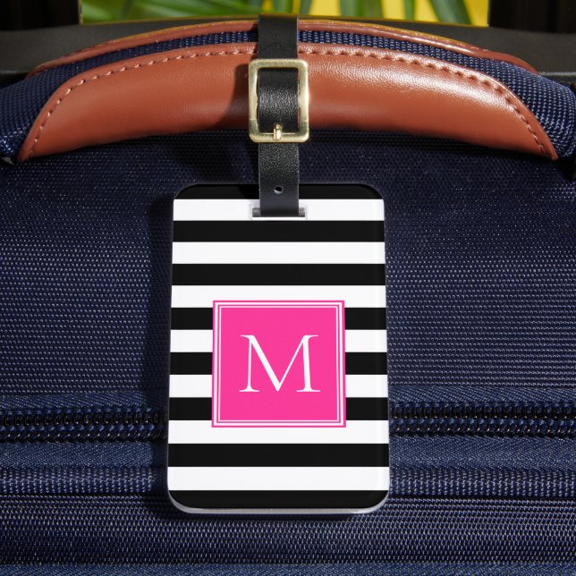 Svart & Vit Rand med Het Rosa Monogram Bagagebricka (Framsida Insitu 2)