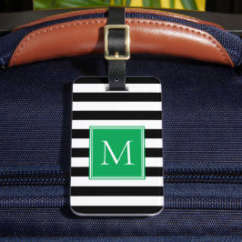 Svart & Vit Rand med Kellygrön Monogram Bagagebricka