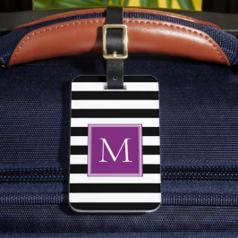 Svart & Vit Rand med Plommonmonogram Bagagebricka