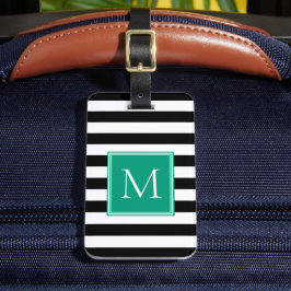 Svart & Vit Rand med Smaragdmonogram Bagagebricka