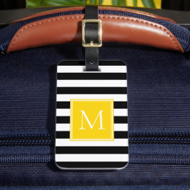 Svart & Vit Rand med Solgul Monogram Bagagebricka
