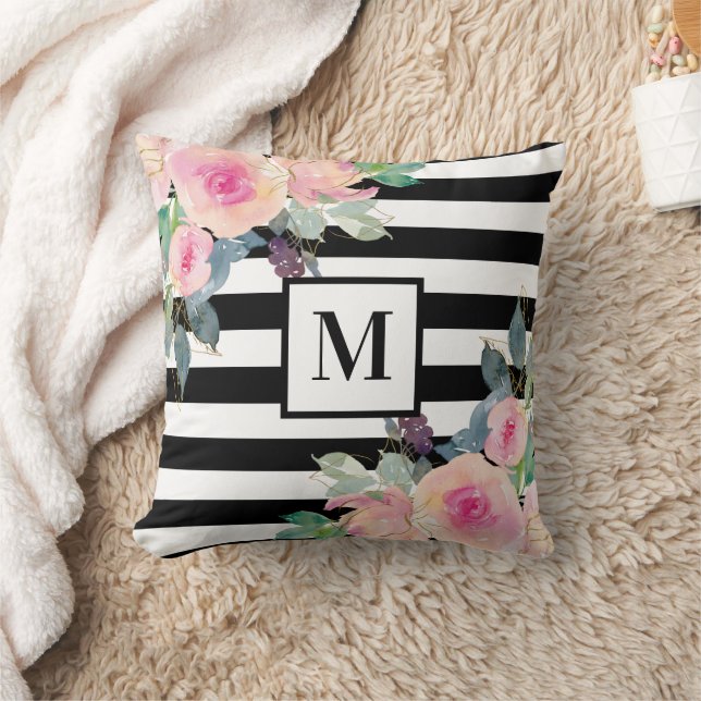 Svart Vit Rand Pink Vattenfärg Blommig Monogram Kudde (Filt)