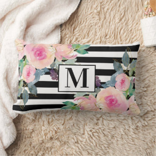 Svart Vit Rand Pink Vattenfärg Blommig Monogram Lumbarkudde