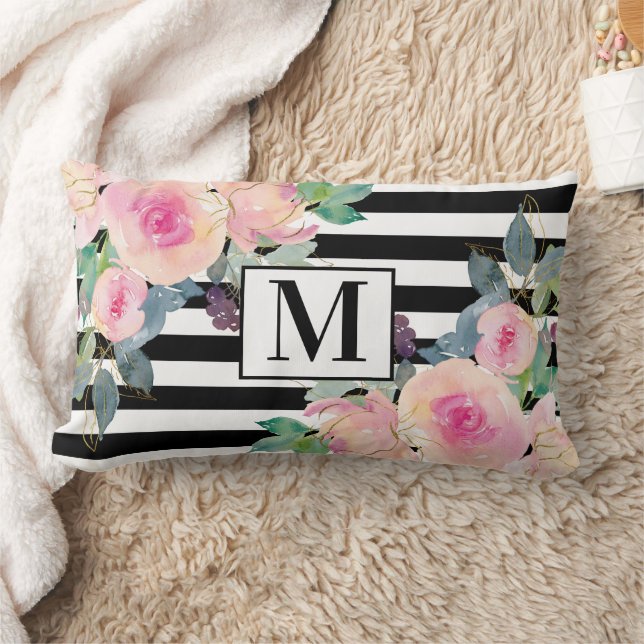 Svart Vit Rand Pink Vattenfärg Blommig Monogram Lumbarkudde (Filt)