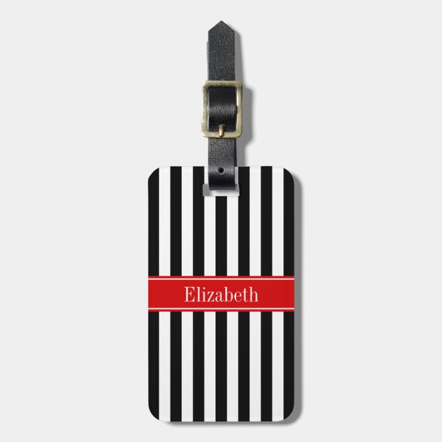 Svart Vit Rand Röd Band Namn Monogram Bagagebricka (Vertikal Framsida)