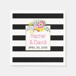 Svart, vit rand rosa folklore blommor bröllop pappersservett