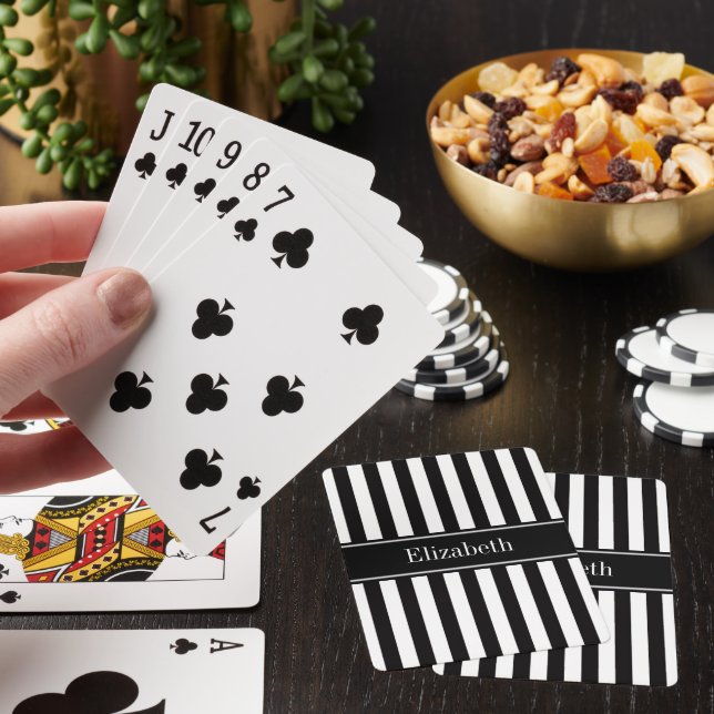 Svart Vit Rand Svart Namn Monogram Casinokort (På plats)