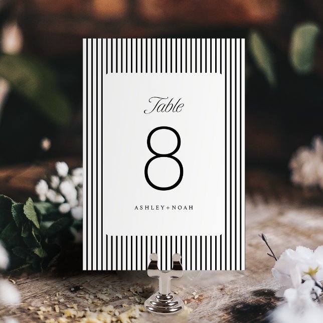 Svart & Vit Randig Elegans Klassisk Bröllop Bordsnummer (Black & White Striped Elegance Classy Wedding Table Number)