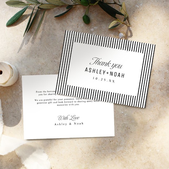 Svart & Vit Randig Elegans Klassisk Bröllop Tack Kort (Black & White Striped Elegance Classy Wedding Thank You Card)