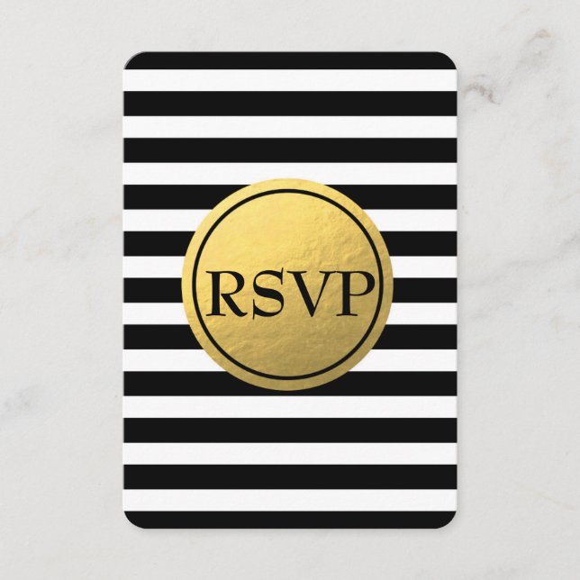 Svart & Vit Randig Guld Folie Bröllop RSVP-kort OSA Kort (Framsida)