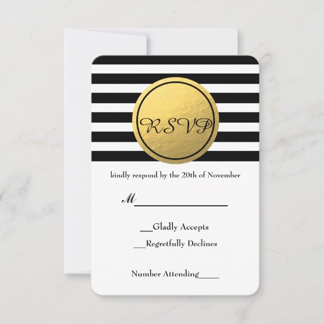 Svart & vit randig guld folie cirkel RSVP-kort OSA Kort (Framsida)