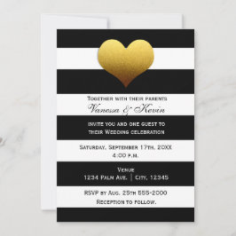 Svart vit randig guld hjärta inbjudan med chic sti
