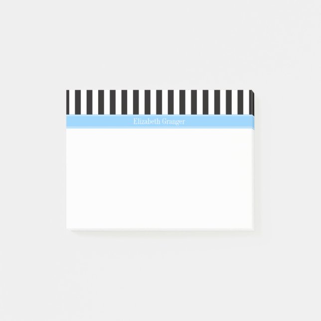 Svart Vit Randig Himblå Namn Monogram Post-it Block (Framsida)