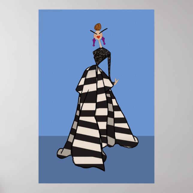 Svart & Vit Randig Kvinna Glamourös Modetkonst Poster (Framsidan)