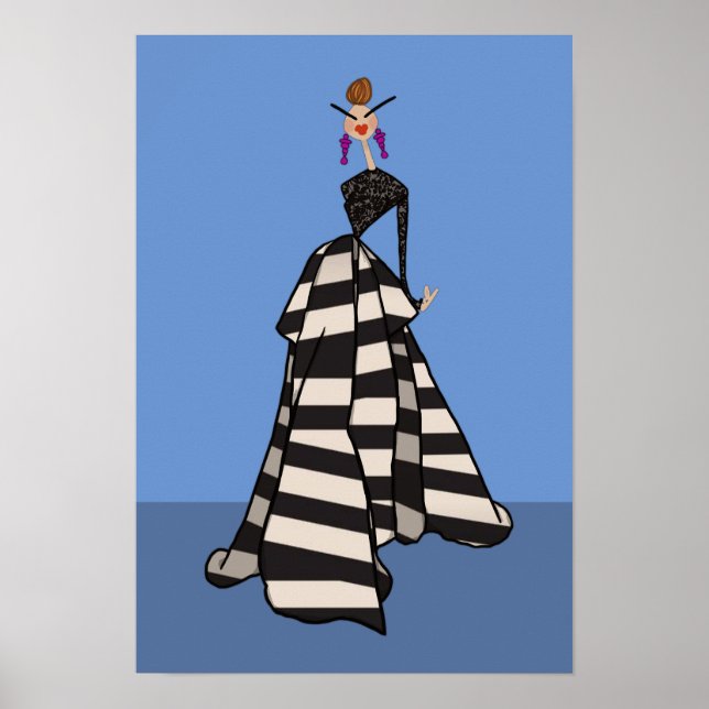 Svart & Vit Randig Kvinna Glamourös Modetkonst Poster (Framsidan)
