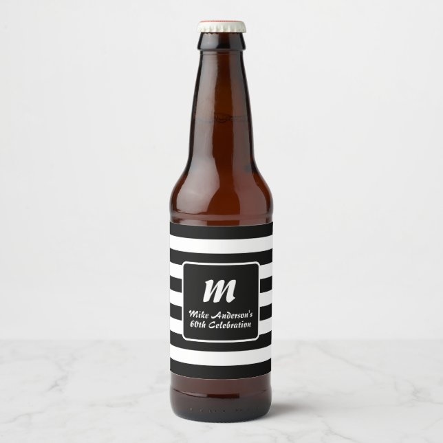 Svart-vit randig monogram ölflaska etikett (Framsida)