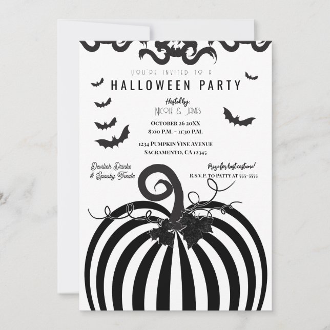 Svart-vit-randig pumpa & fladdermöss Halloweenfest Inbjudningar (Framsida)