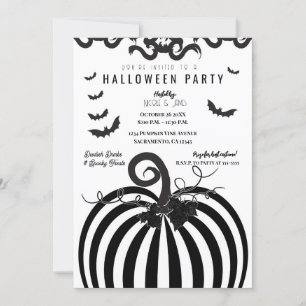 Svart-vit-randig pumpa & fladdermöss Halloweenfest Inbjudningar