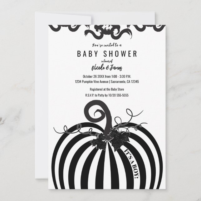 Svart & Vit Randig Pumpa Höst Baby Shower Inbjudningar (Framsida)
