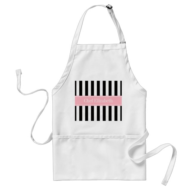 Svart Vit Randig Rosa Band Namn Monogram Förkläde (Framsidan)