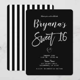 Svart & Vit Randig Silver Hjärtan Chic Sweet 16 Inbjudningar
