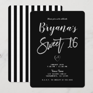 Svart & Vit Randig Silver Hjärtan Chic Sweet 16 Inbjudningar