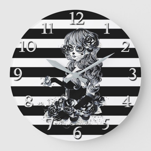 Svart & Vit Randig Söt Socker Dödskalle Flicka Stor Klocka (Framsida)