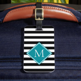 Svart Vit Randig Teal Diamant Monogram Resegods Bagagebricka