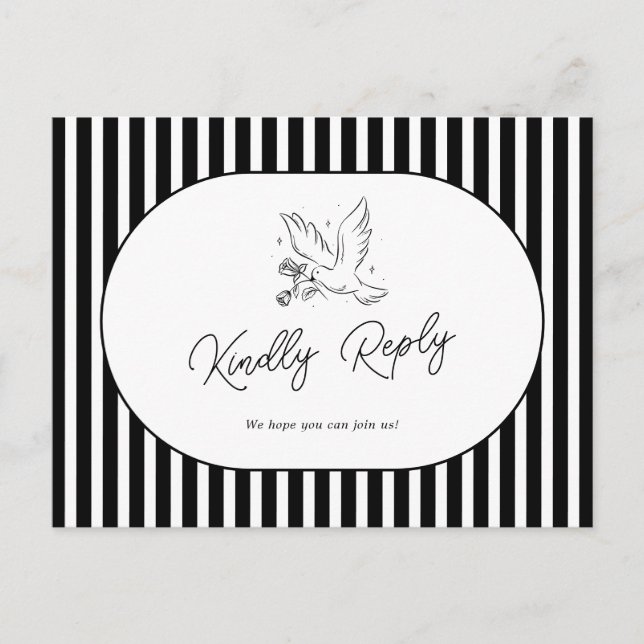 Svart Vit Randig Whimsical Bröllop RSVP Vykort (Framsida)