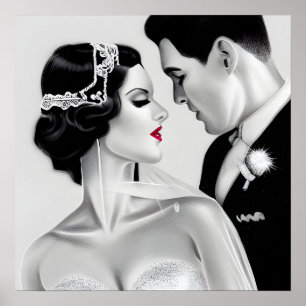 Svart & vit Retro Art Deco Vintage Brud & Brudgum Poster