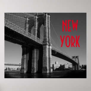 Svart Vit Röd Brooklyn Bridge New York City Poster