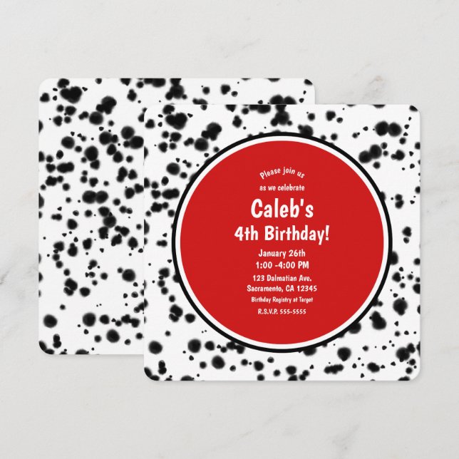 Svart Vit Röd Dalmatinerfläckar Födelsedagsfest Inbjudningar (Fram/baksida)