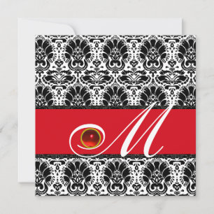 SVART VIT RÖD DAMASK MONOGRAM Ruby Inbjudningar