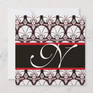 SVART VIT RÖD DAMASK ROSENKORSETTMONOGRAM Is Inbjudningar
