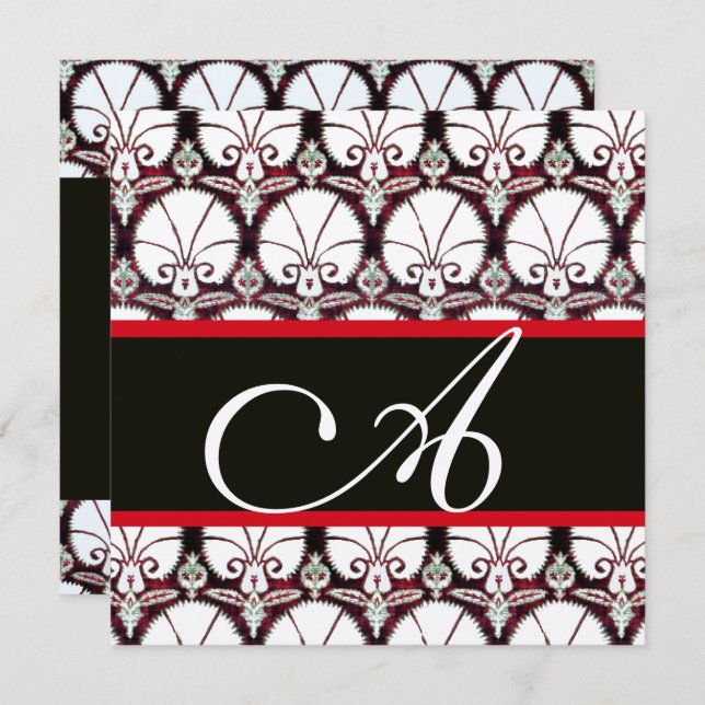 SVART VIT RÖD DAMASK ROSENKVAST MONOGRAM Silver Inbjudningar (Fram/baksida)