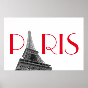 Svart & Vit Röd Eiffeltornet Paris Resa Poster