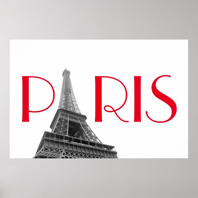 Svart & Vit Röd Eiffeltornet Paris Resa Poster (Framsidan)