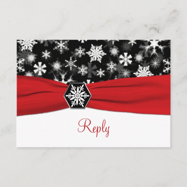Svart, Vit, Röda Snöflingor Bröllops Svarskort OSA Kort (Framsida)