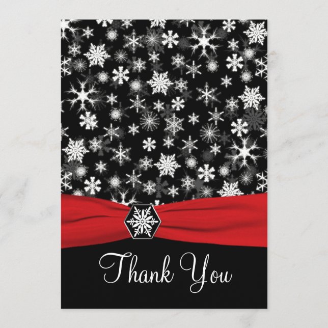 Svart, Vit, Röda Snöflingor Tacksamhetskort - Plat Tack Kort (Framsida)