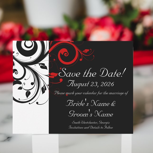 Svart, vit, Röda Swirl Bröllop spara datum Datumet (black white red swirl wedding save the date cards)