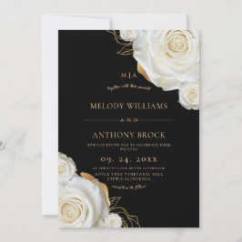 Svart Vit Ros Elegant Blommig Bröllop Inbjudningar