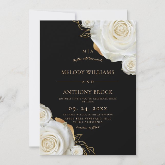 Svart Vit Ros Elegant Blommig Bröllop Inbjudningar (Framsida)