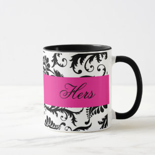 Svart, vit, Rosa Damask "Hers" Mugg
