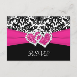 Svart, Vit, Rosa Damask & Hjärtan Svar Brevkort