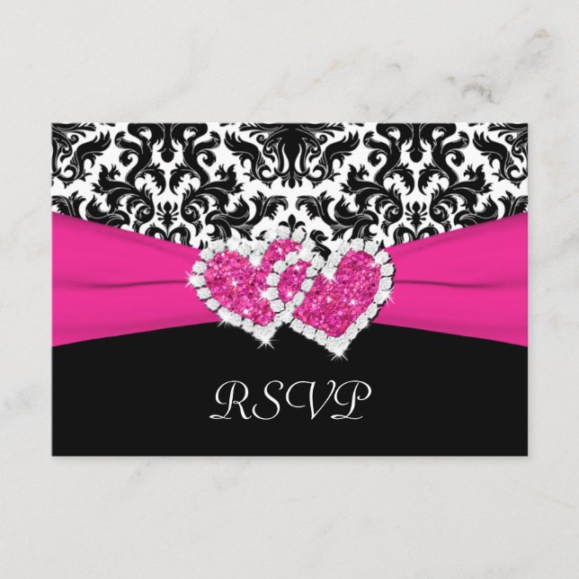 Svart, Vit, Rosa Damask & Hjärtan Svar Brevkort (Framsida)