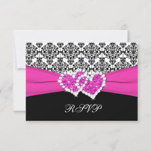 Svart, Vit, Rosa Damask & Hjärtan Svarskort OSA Kort