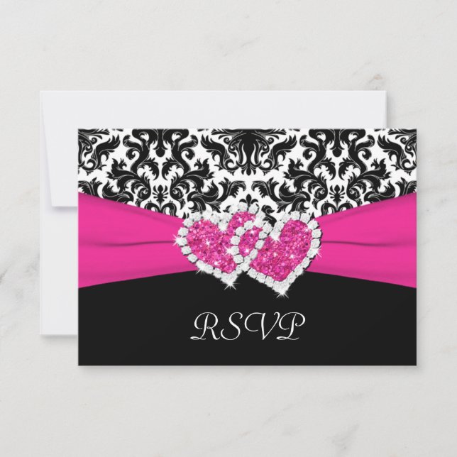 Svart, vit, rosa Damask & Hjärtan Svarskort OSA Kort (Framsida)